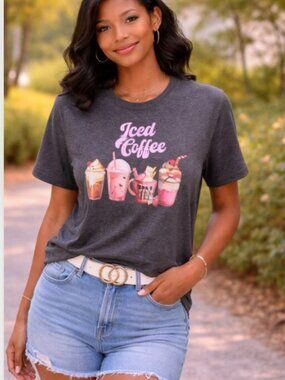 Dark Gray Iced Coffee Graphic Tee Custom Shirt with Pink Dessert & Fun Accents
